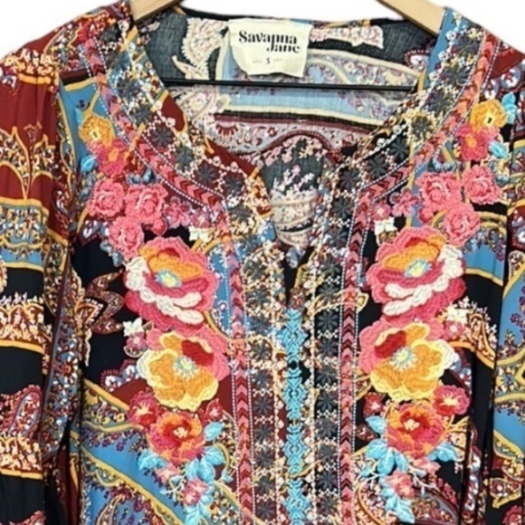 Savanna Jane Boho Floral Embroidered Paisley Bell Sleeve Black Top Size Small - Picture 8 of 13